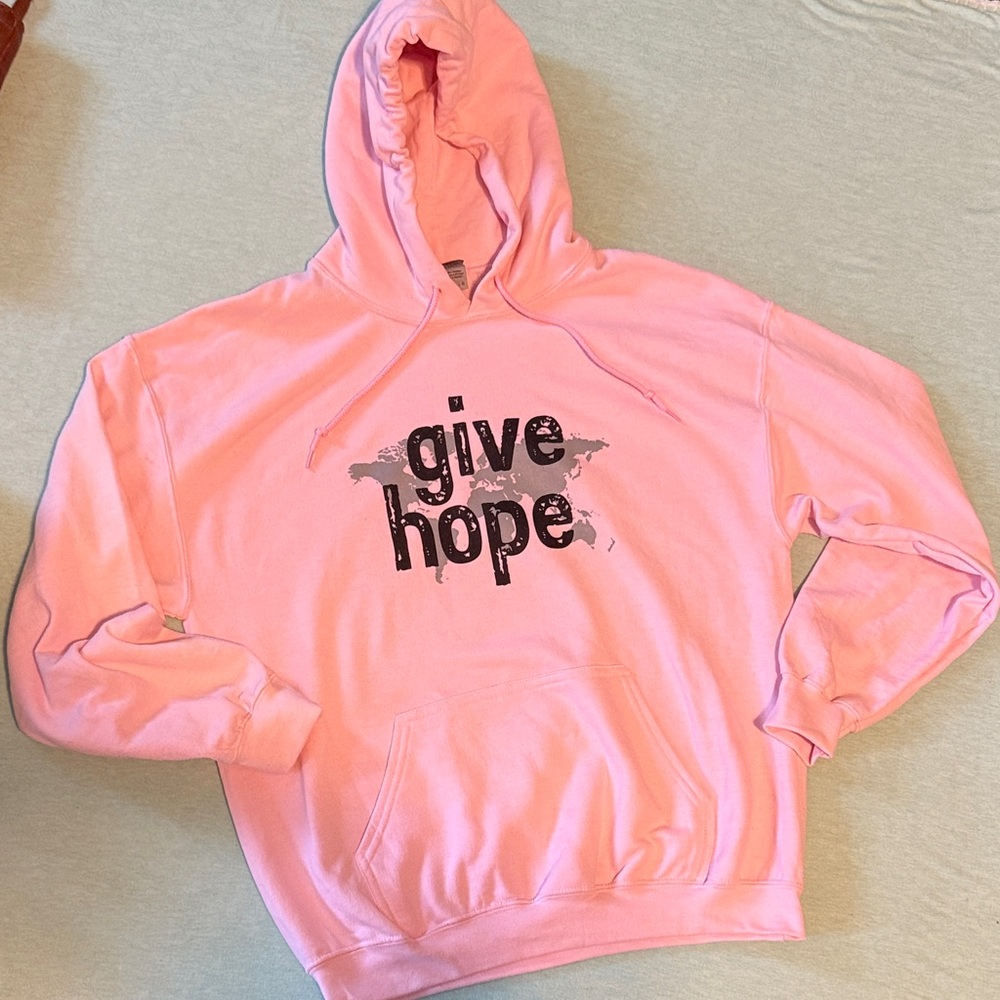 Give Hope Golden Heavy Blend lt pink hooded pull-over sweatshirt w pocket NWOT